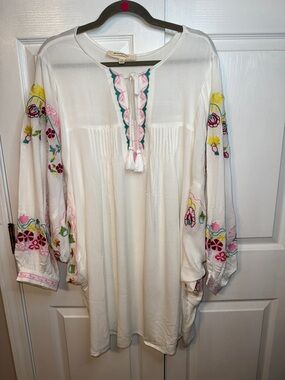 Boho Embroidered White Tunic with Pink & Yellow Accents